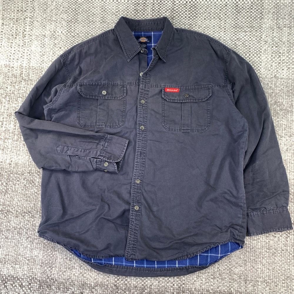 Dickies Flannel Lined Shirt Mens Large Navy Blue Cotton Canvas Button Up